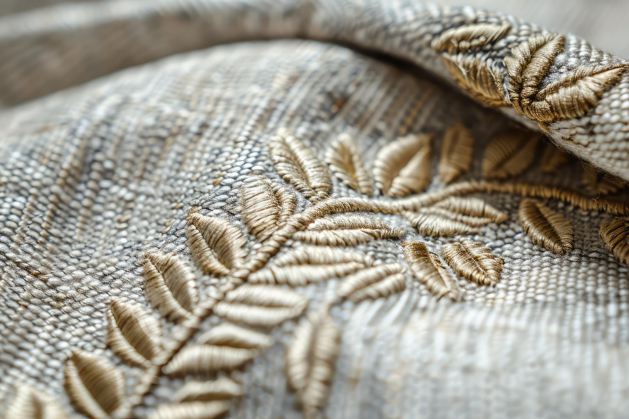 Close-up of embroidered geometric motif on linen