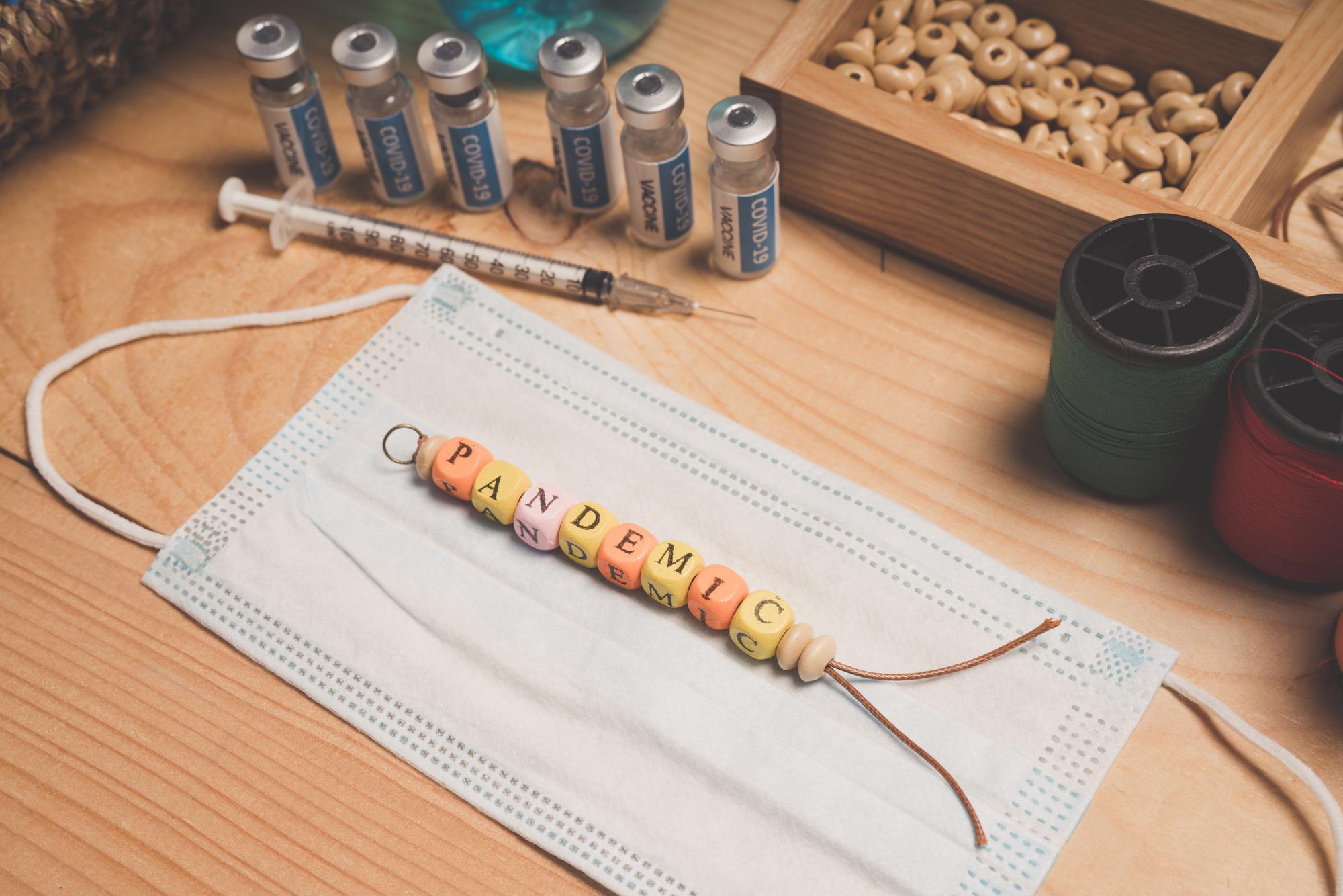 Array of embroidered sample tags on table